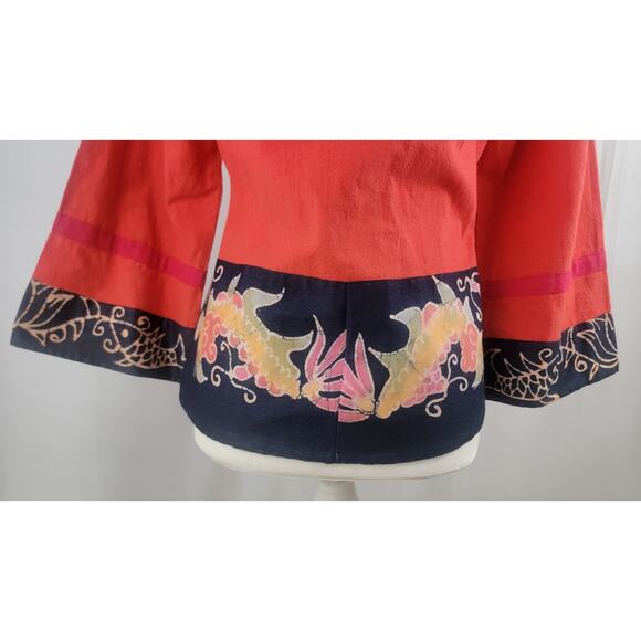 Vintage Boho Asian Festival Jacket Red Batik Dragon Pheonix Kimono Top Size M - Picture 5 of 10